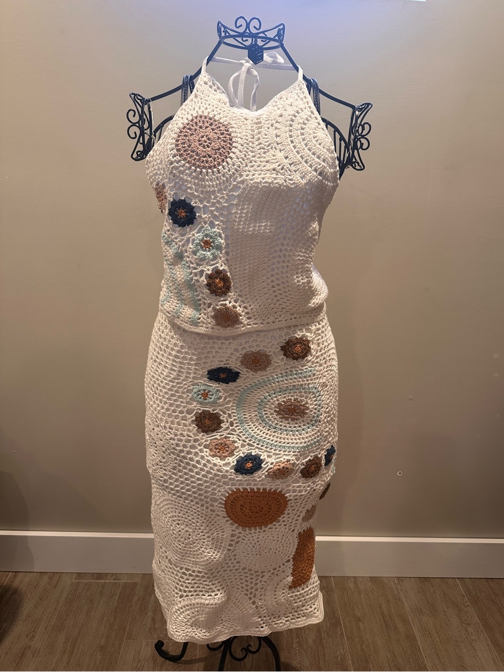 Free People White Crochet Maxi Dress with Blue and Brown Floral Motifs - Picture 1 of 8